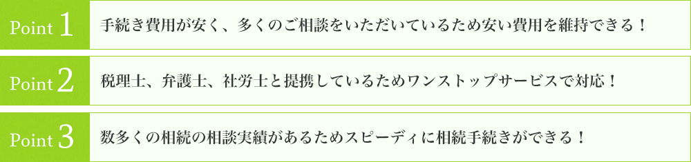 
		Point1.手続き費用が安く、多くのご相談をいただいているため安い費用を維持できる！
		Point2.経費が多く掛かっていないので、費用を安くできる！
		Point3.数多くの相続の相談実績があるためスピーディに相続手続きができる！
		